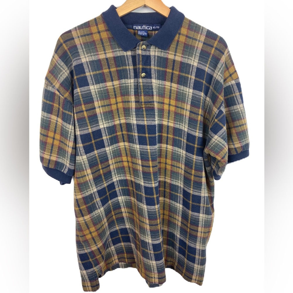Vintage Nautica Men’s XL Late 90s/Y2K Signature Plaid Short Sleeve Polo